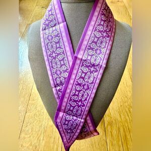 New pink and white printed silk satin scarf, approximately 34 inches